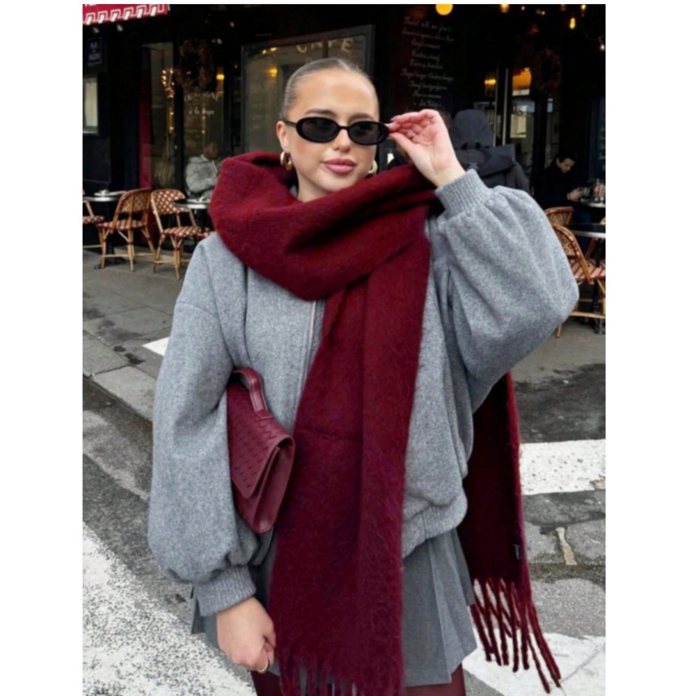 Burgundy Wide Shawl Scarf With Tassels Fuzzy Knit